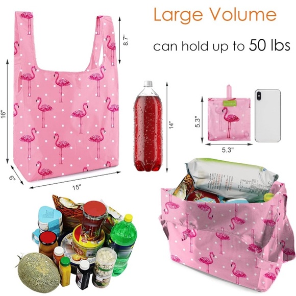 BeeGreen Flamingos w/ Black Bag Reusable Grocery Bag/Reusable Shopping Bags - Picture 3 of 6
